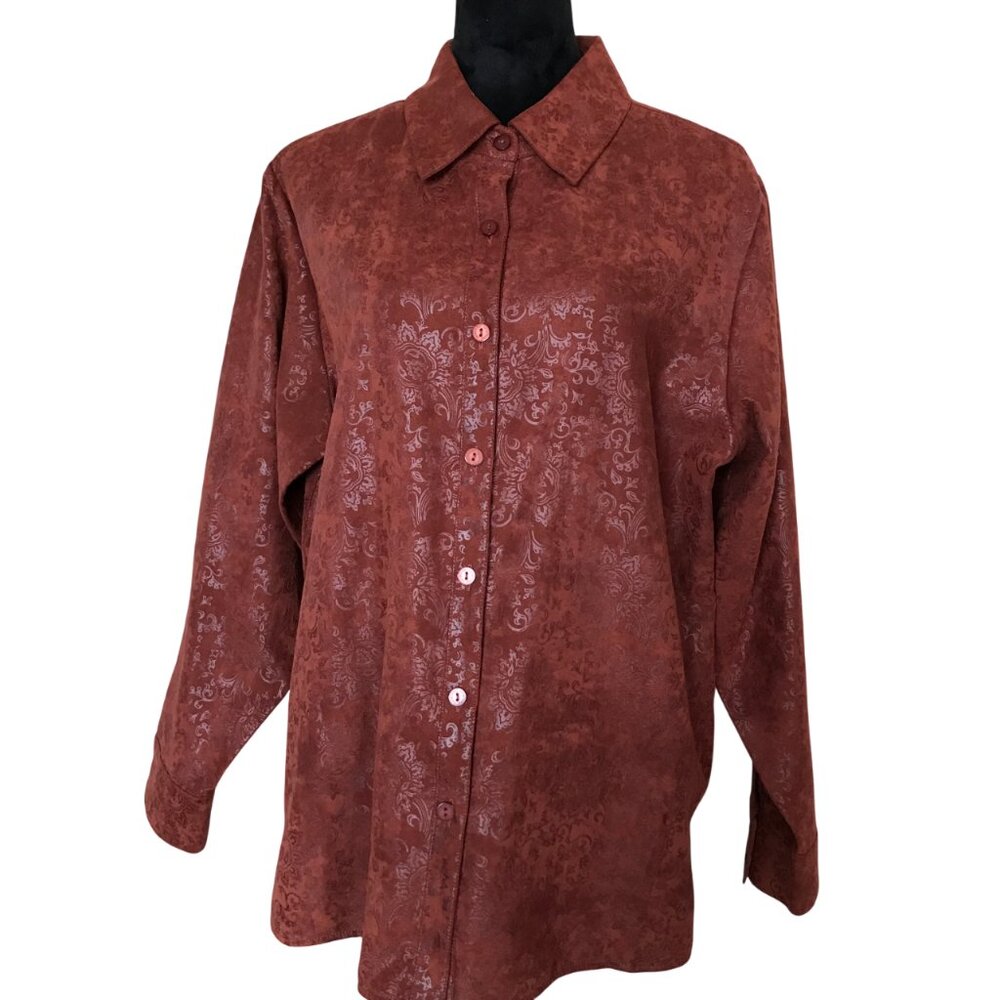 Relativity Faux Suede Textured Button-Up Shirt, Long-Sleeved Rust Brown Size 1X